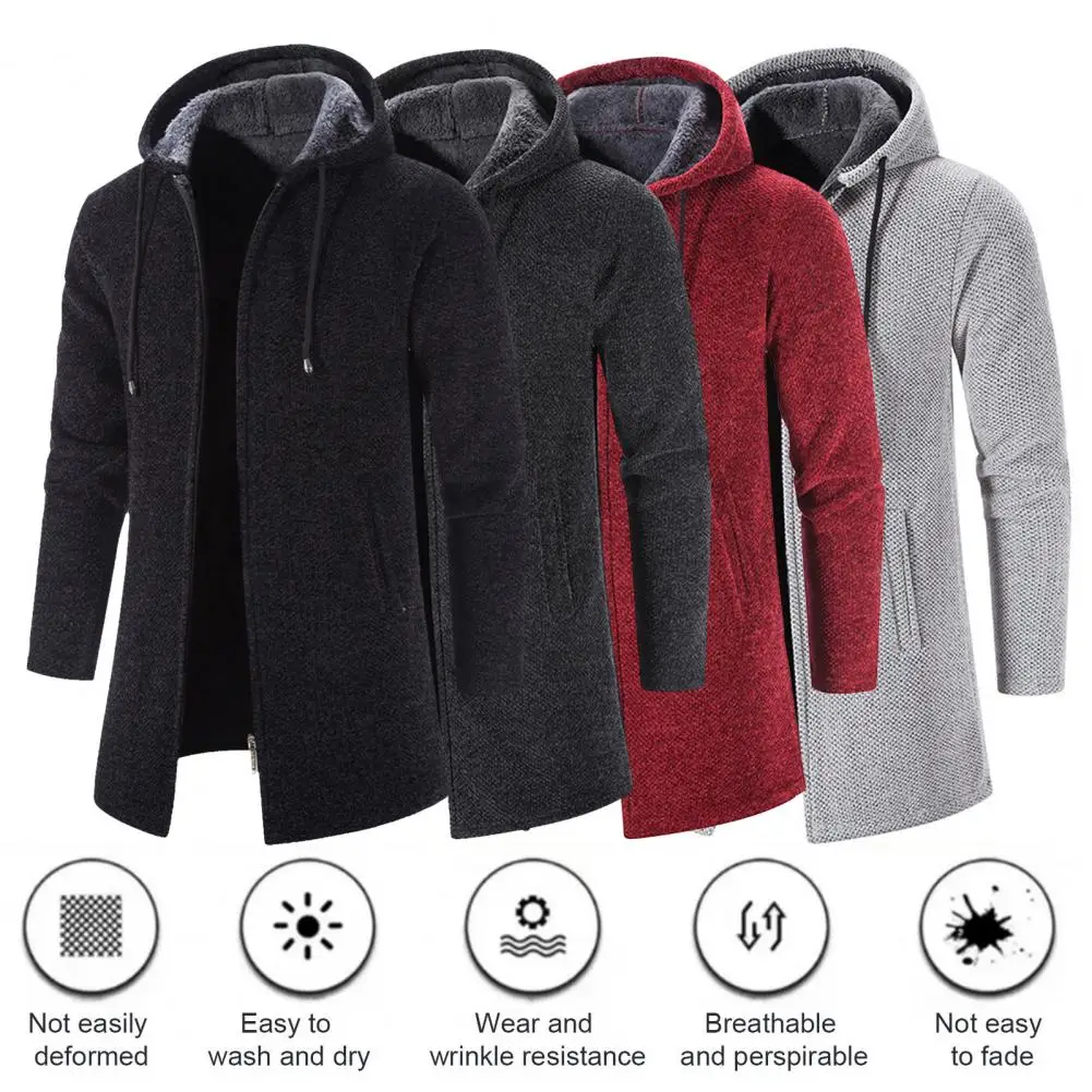 Solid Color Knitting Coat Men's Hooded Knitting Coat with Drawstring Long Sleeve Solid Color Jacket Mid-length Warm Winter