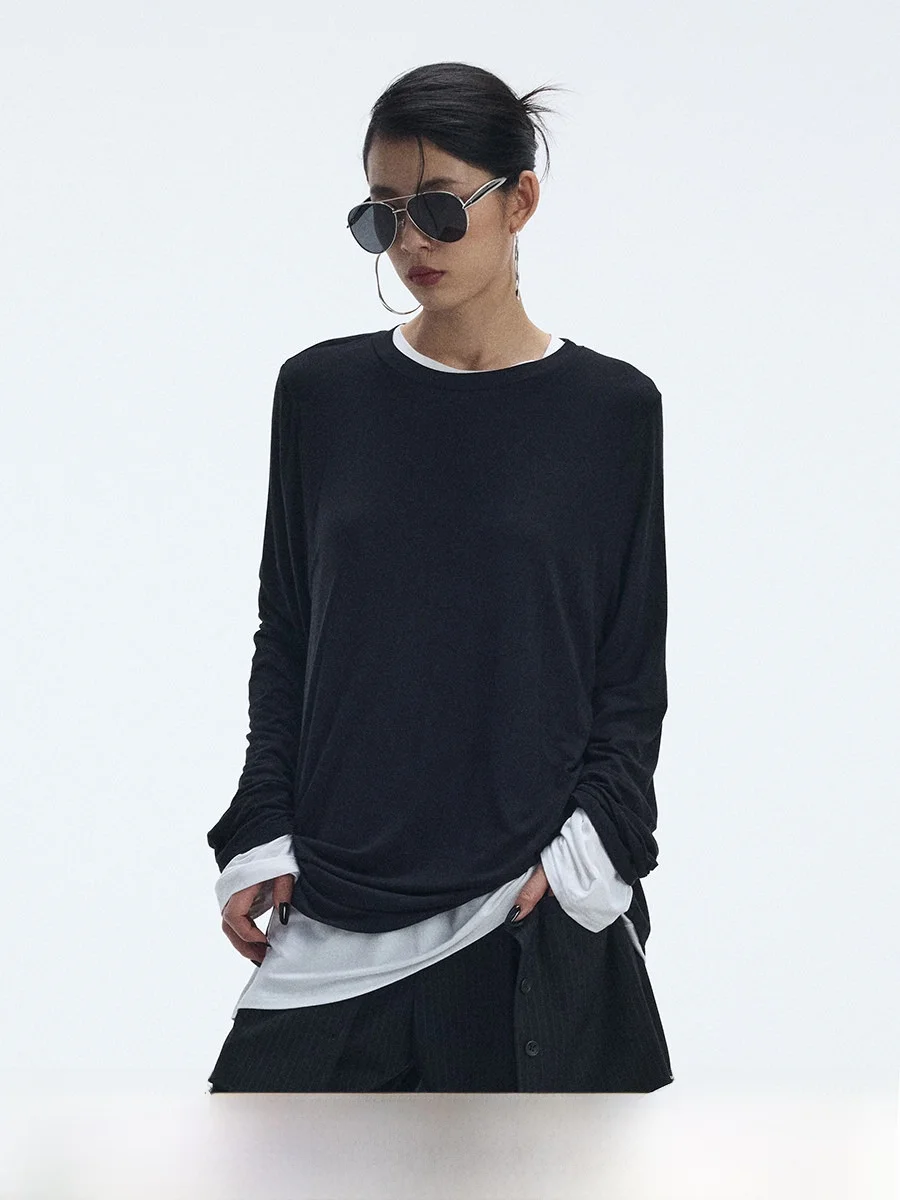 

Loose Long Sve round Ne Mask T-irt Women's Autumn Design Sensation Casual Sle Waist-Cinching Ba Design Four Colors