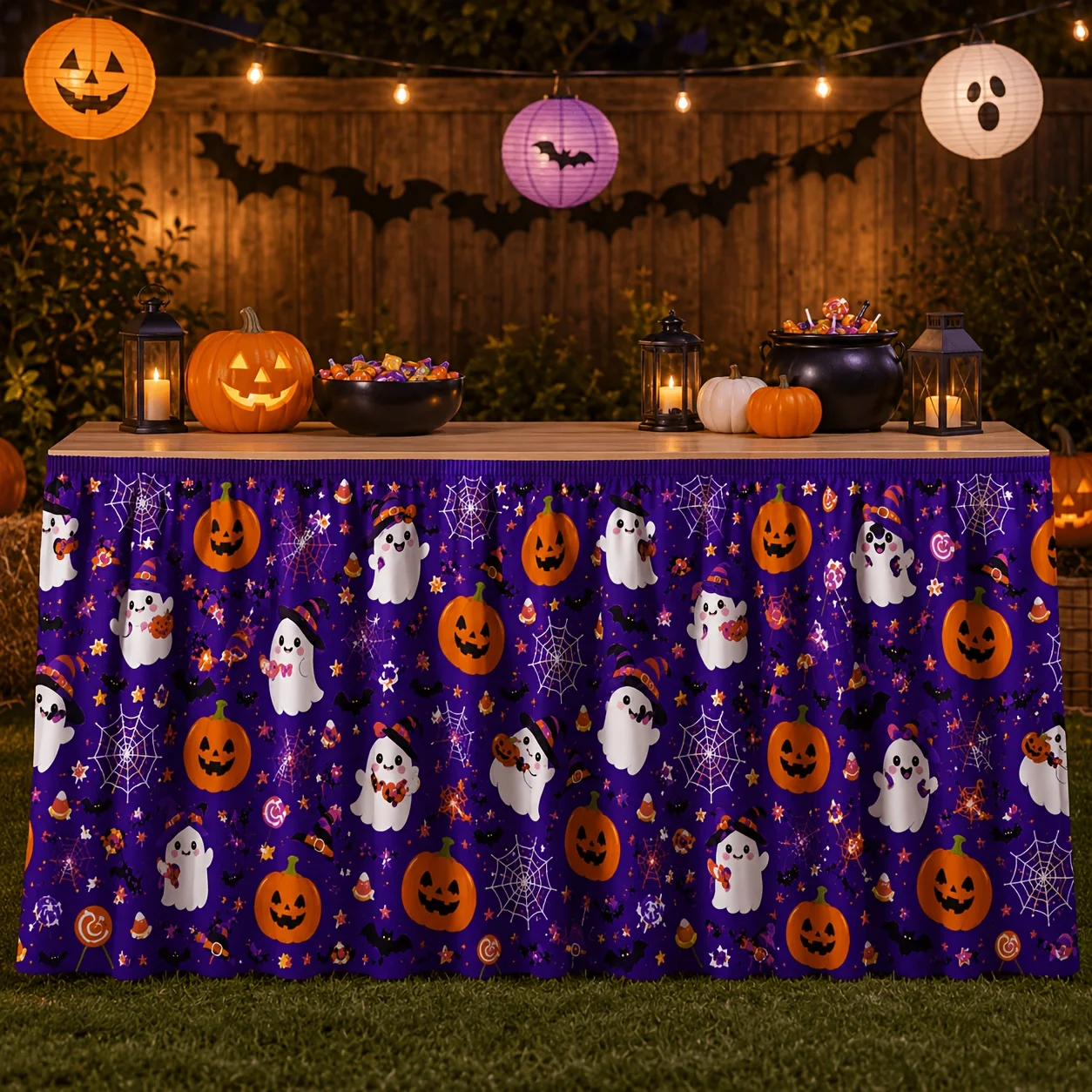 A tablecloth table skirt, purple background, cute ghost, Halloween table skirt, pig head lamp