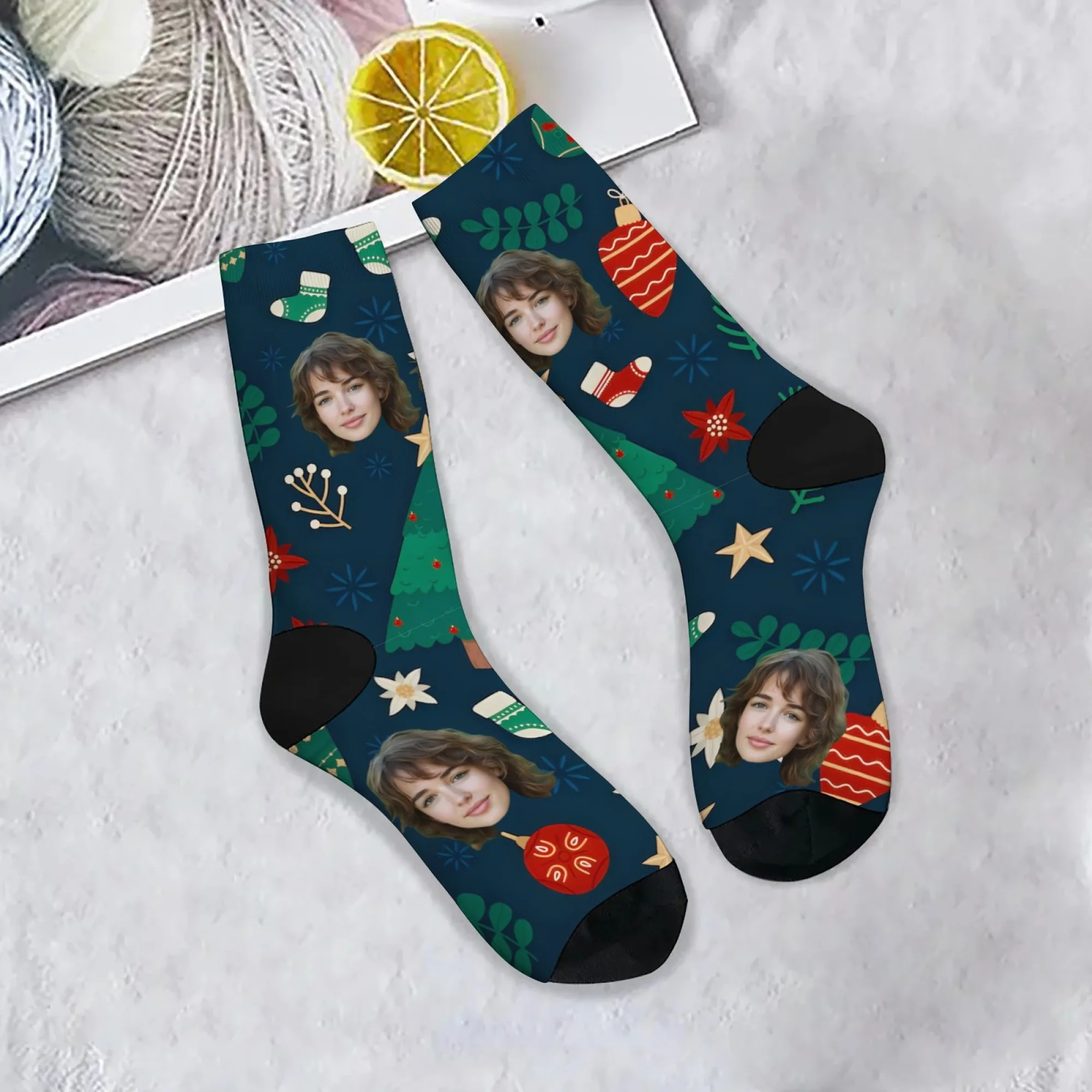 Personalized Christmas Gift Socks Custom Face & Christmas Elements Tree Socks Ornaments on Dark Blue Unique Present for Family