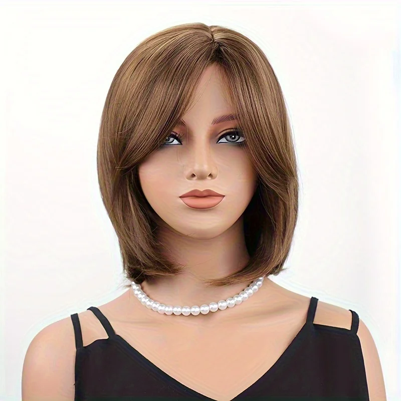 

Elegant Brown Synthetic Wig, shoulder-length with bangs, heat-resistant, suitable for women, ideal for work and parties