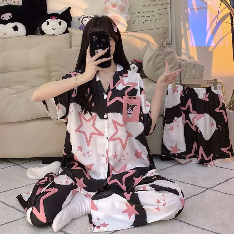 

Japanese Girl Ins Kuromi Three-piece Set Free Shipping Pajama Set Harajuku Anime Cartoon Short Pajama Set Home Clothes for Girls