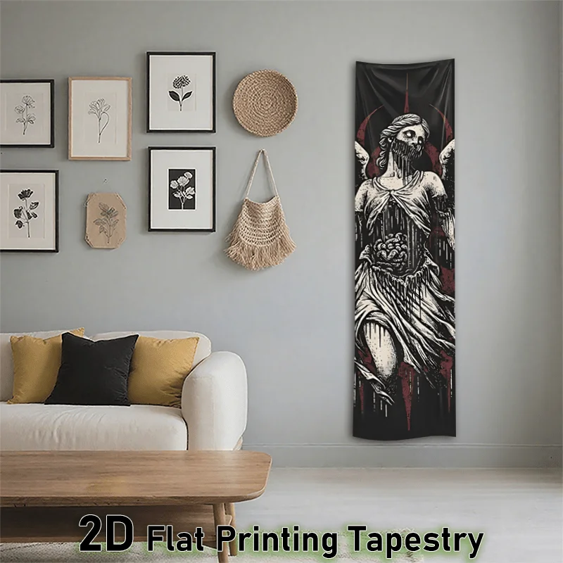 VIKAMA Gothic Dark Angel Skull Tapestry Long Narrow Wall Hanging Black Horror Poster for Bedroom Living Room Man Cave Decor