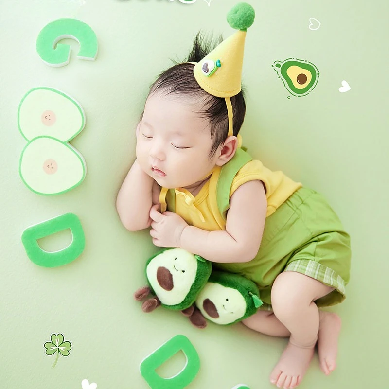 Newborn Photography Props for Baby Photoshoot Cute Avocado Doll Decors with Outfit Hat and Good Day Letters for Studio Photo