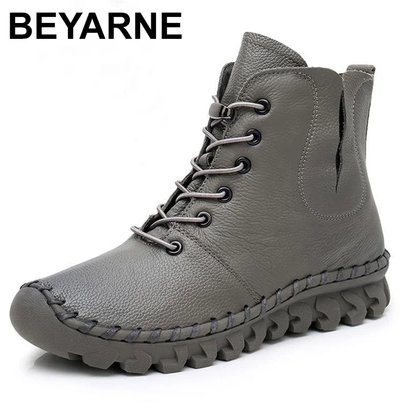 Lace-up Genuine Leather Women Boots A518 Fashion Casual Low Tube Round Toe Real Leather Shoes Winter Shoes Warm Thick