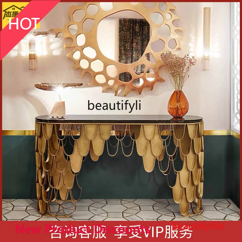 

007 Marble side table designer fish scale against the wall entrance table European entrance table light luxury decoration