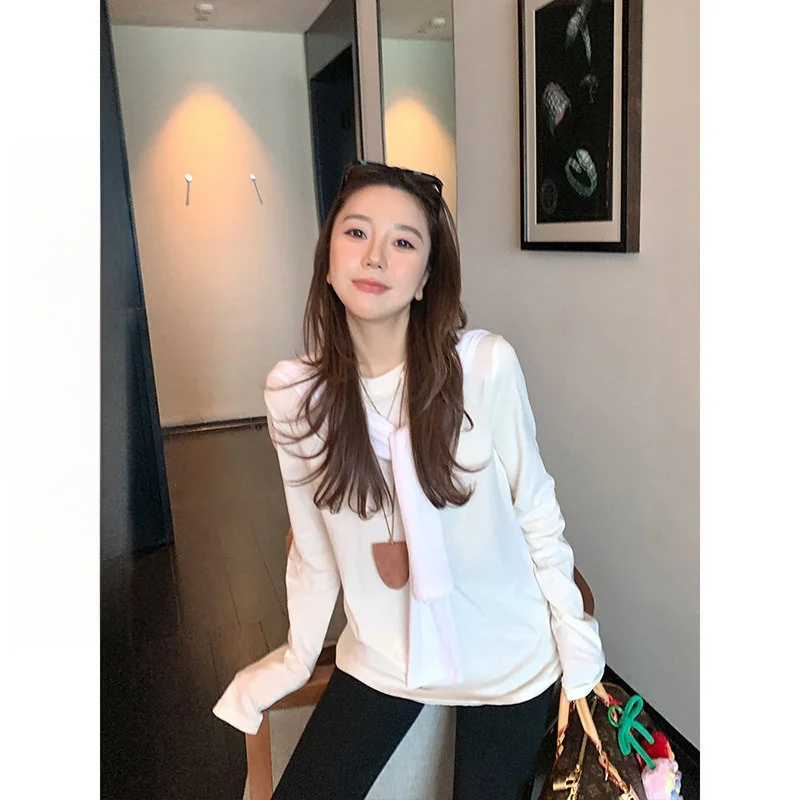 

Breathable Cotton White T-irt Micro oulder Base Layer Ladies Casual Loose Fit Long Sve round Ne