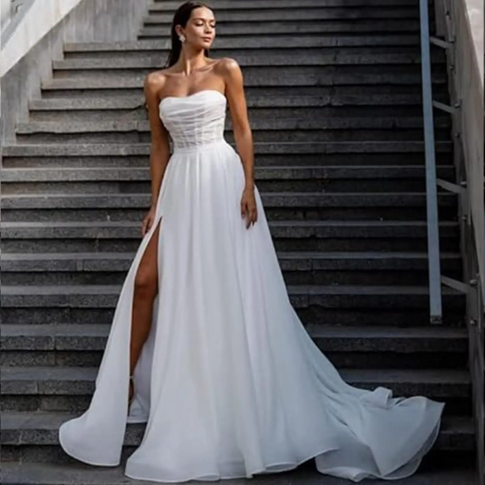 

Strapless Wedding Dresses for Bride A Line Long Wedding Dress with Bow Sweep Train Bride Dress