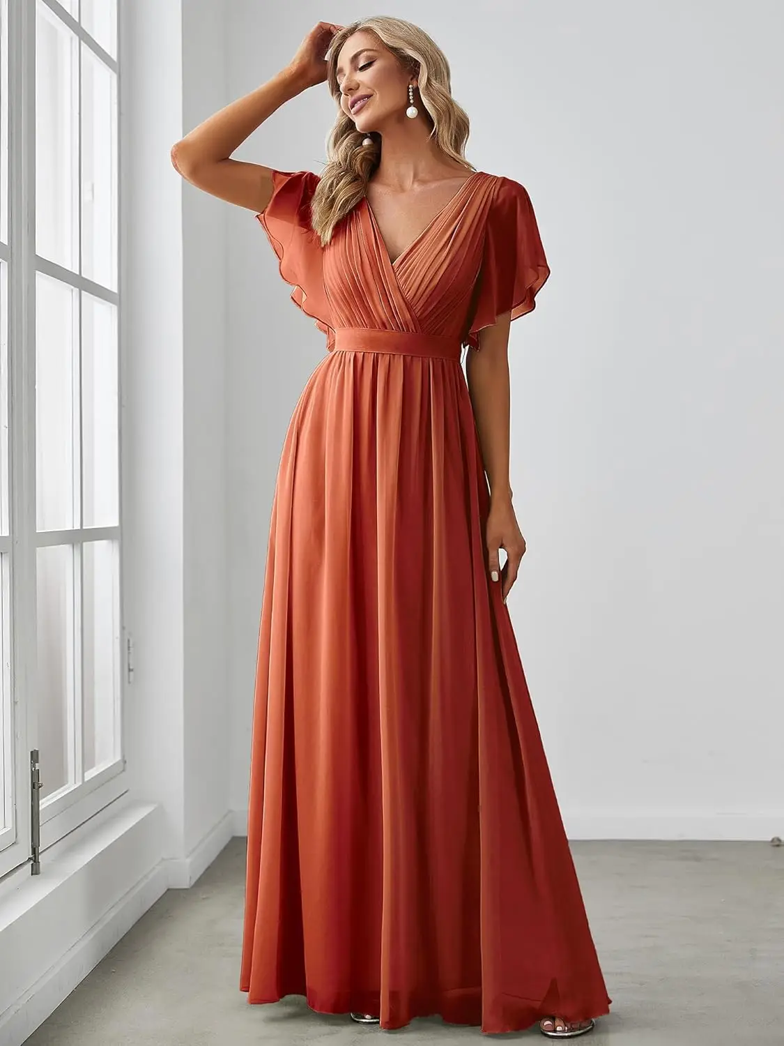 Bespoke factory customize wedding women\'s Bridesmaid Dress V-Neck Ruffle Sleeves Ruched Bust Floor Length Chiffon Formal Dresses