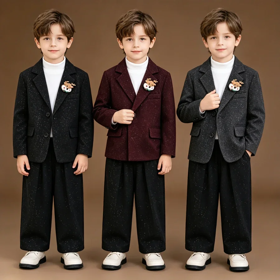 Boys Christmas Suit Set Sparkling Blazer Pants with Reindeer Pin Kids Holiday Party Stage Performance Outfit 2-12Y Autumn New