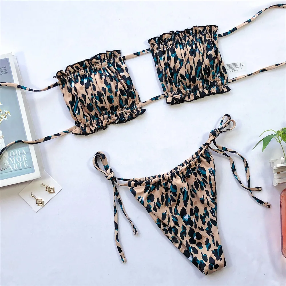 Leopardenmuster String Micro Tanga Bikini Sexy Badeanzug Frauen Plissee Bandeau Bademode 2025, Badeanzug Mini Bikinis Sets Mujer