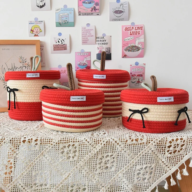 

Cotton Tead Woven Storage Basket Cute Cartoon Design Covered Home Use Basket for Women Versatile Organizer for Various Items