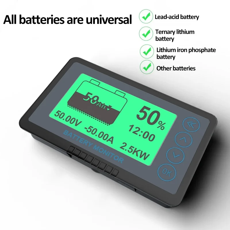 500A Battery Coulometer Battery Capacity Tester, Battery Monitor with shunt, programmable high and low voltage alarm. Compatible