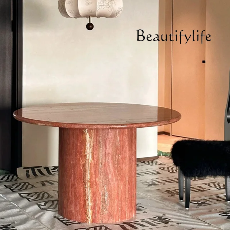 

Red travertine round dining table medieval retro silent wind natural marble round dining table Nordic French