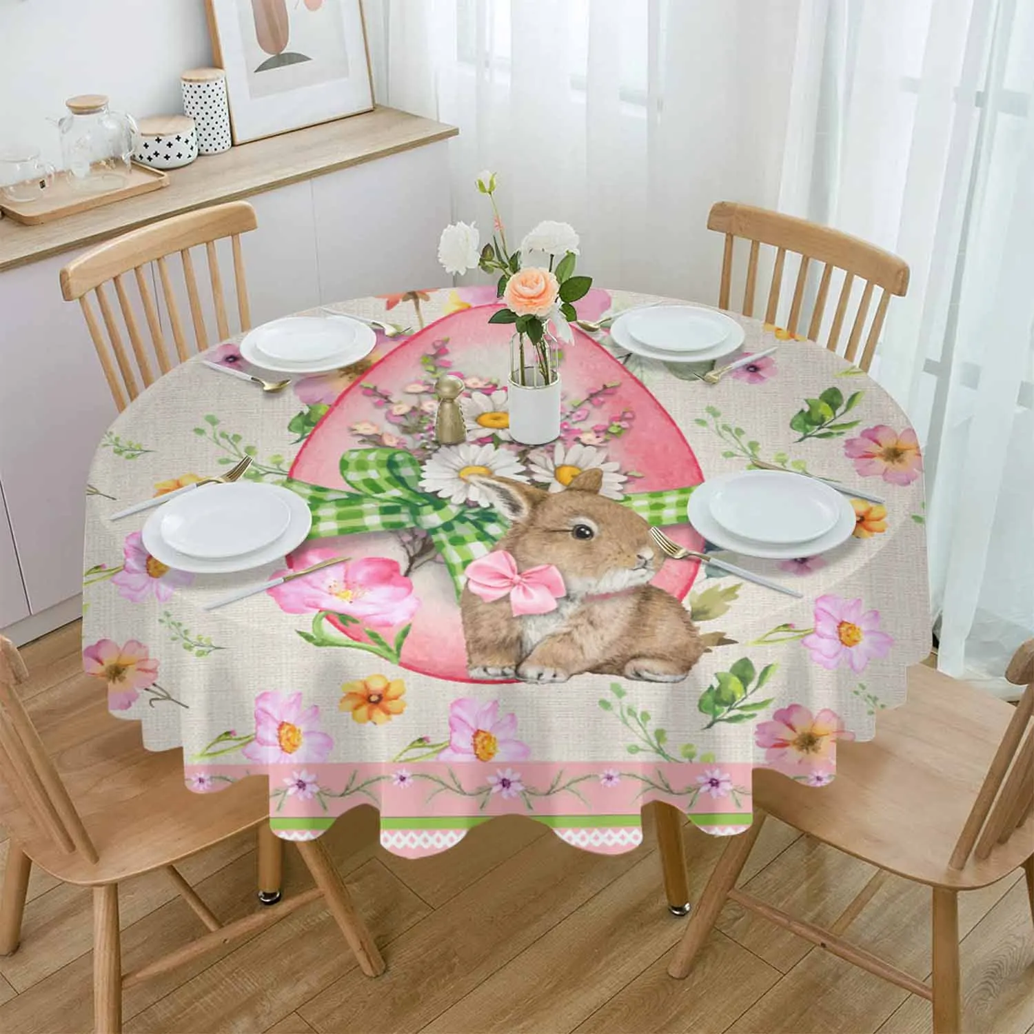 Retro Rabbit Easter Waterproof Tablecloth Table Decoration Wedding Home Kitchen Dining Room Round Table