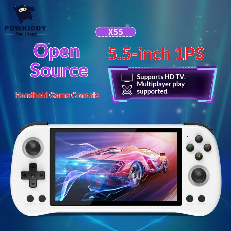 

Портативная игровая консоль Powkiddy X55 с 5,5-дюймовым HD-экраном, поддержкой множества ретро-эмуляторов (PSP, PS, N64, Neogeo, GBA) для любителей игр.