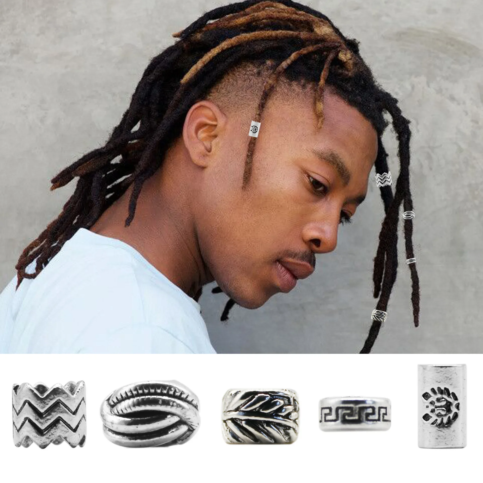 

10Pcs Retro Silver Alloy Hair Braid Dreadlock Beard Beads Rings Tube DIY Braiding Jewelry Dirty Braided Hair Accessory Men Women