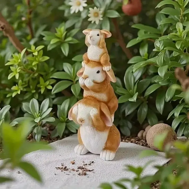 Set up three hand-painted rabbit statues for indoor/outdoor garden decoration Whimsical design Easter Thanksgiving Christmas