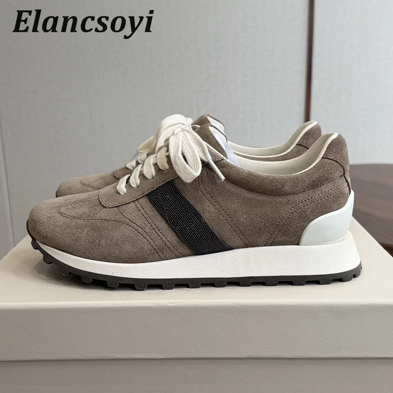 Sneakers Women's Suede String Bead Round Toe Lace Up Flat Shoes Thick Bottom Daddy Shoes Spring Autumn Versatile Casual Shoes