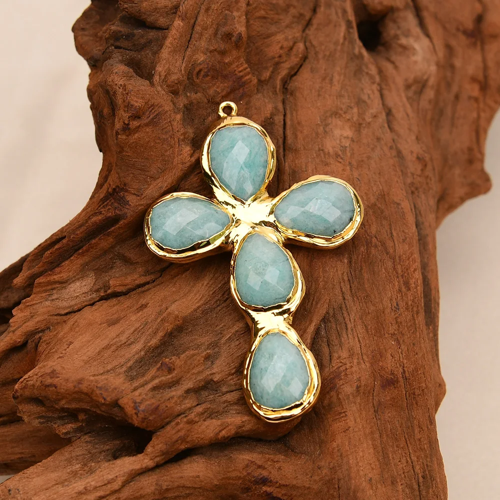 APDGG 2 Pcs Big Natural Green Amazonite Pendant Gold Plated Connector Handmade Jewelry DIY