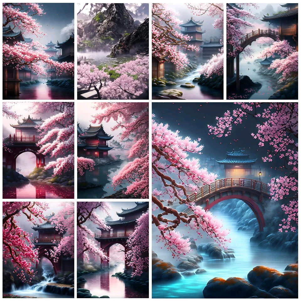 Japanese Cherry Blossoms Diamond Painting Waterfall Landscape Full Drill Diamond Mosaic Embroidery Lake House Cross Stitch