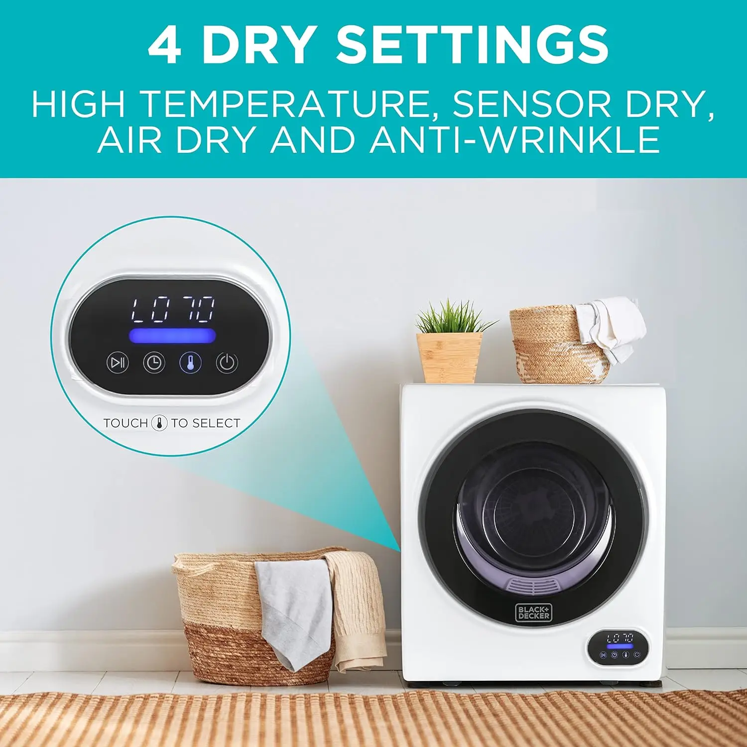 1.5 Cu. Fédération. Sèche-linge électrique portable ventilé, 850W, 120V, tambour en acier inoxydable, 3.3 de lessive artérielle, prise murale standard