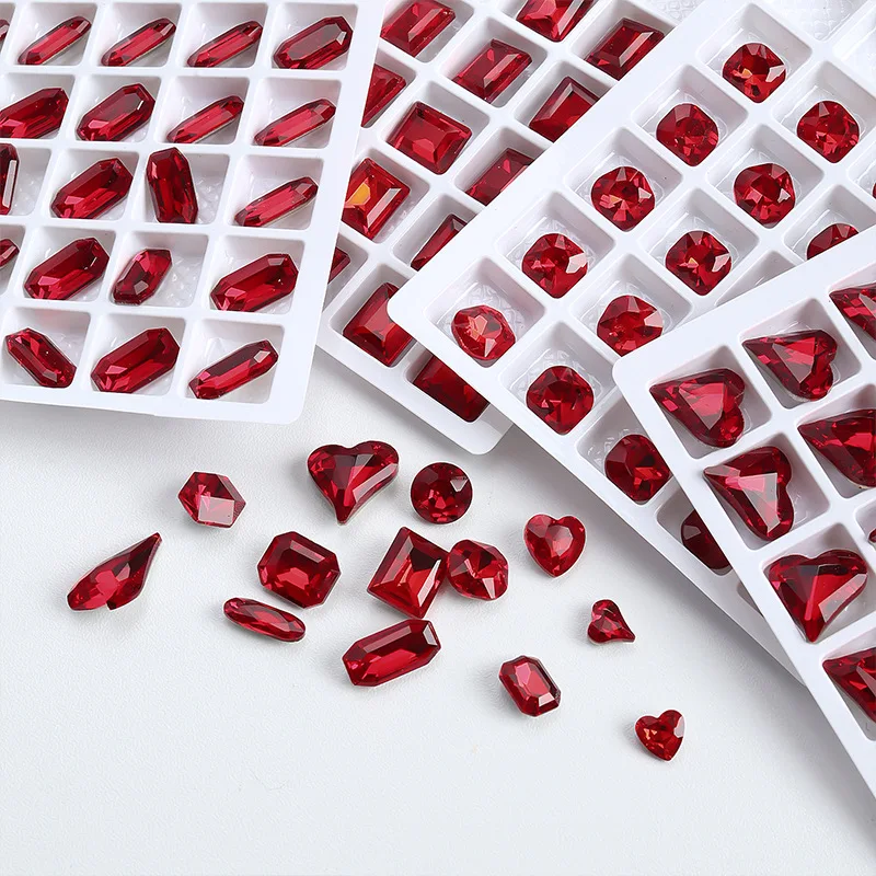 20PCS Sparkle Ice Translucent Big Red Sharp Diamonds Crook Love Heart Square Nail Art Rhinestones Decorations Manicure Ornaments