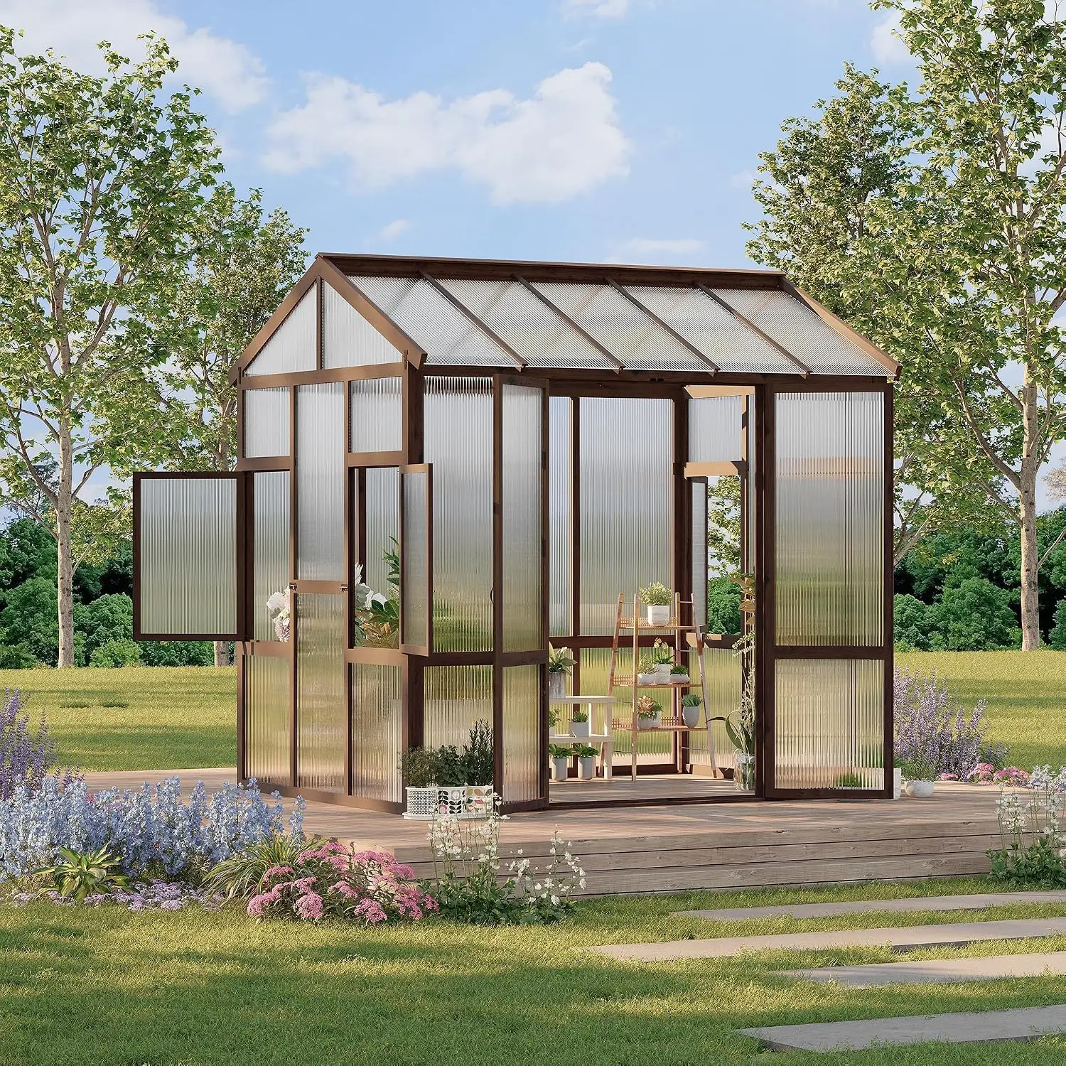 6x8 ft Heavy Duty Walk-in Wooden Greenhouse Kit, 6mm Polycarbonate Panels, Customized