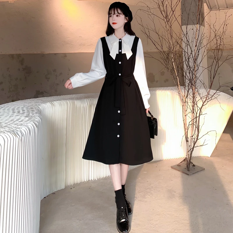 Women Autumn Fake Two Piece Black White Dress Long Sleeve Sweet Bow Collar Elegant Chic  Dresses Female Fall Clothing Vestido