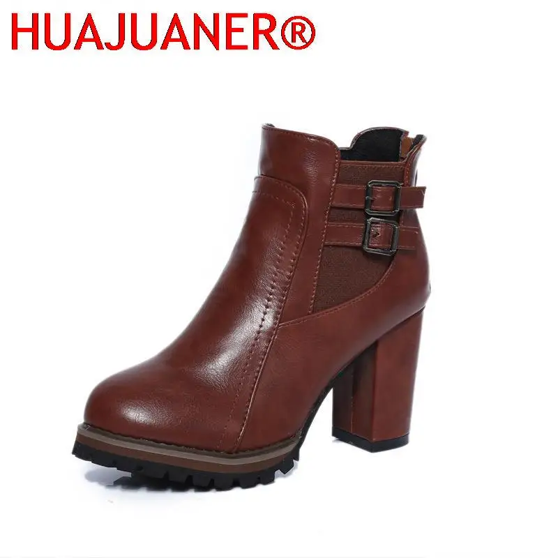 

2023 Spring Fashion Womens Ankle Boot Zipper High Hoof Heel Buckle Punk Motorcycle Boots Shoes Woman Black