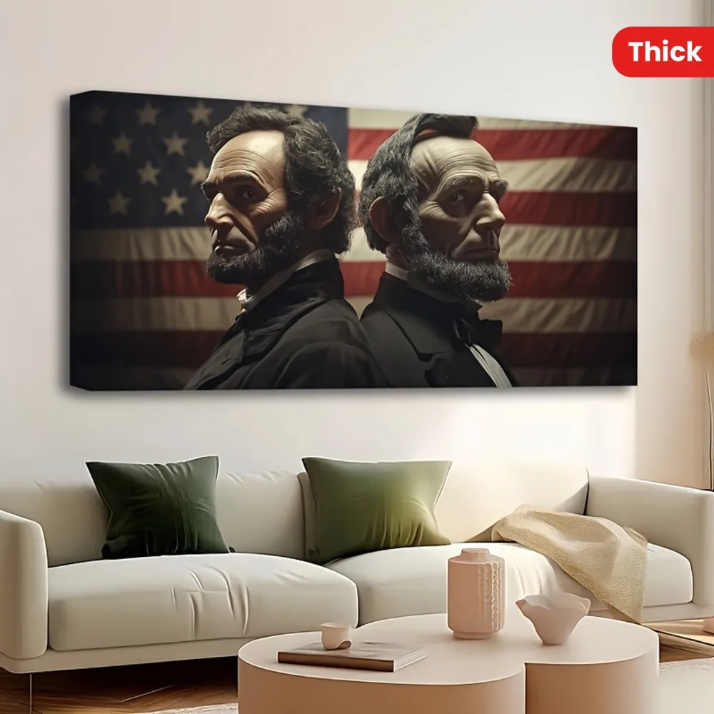 Framed in 1.5 inches of solid pine, George Washington and Abraham Lincoln stand in front of the American flag，for living room