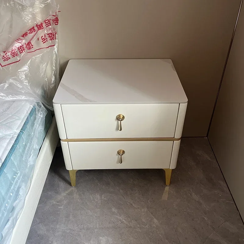#Italian Solid Wood Nightstands Light Luxury Rock Board Storage Cabinet Creative Home Leather Bedside Table For Bedroom Furnitur