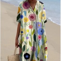 Women Floral Print Summer Maxi Dresses Colorful V Neck Short Sleeve Casual Loose Vacation Workout Beachwear Dress Robe Traf