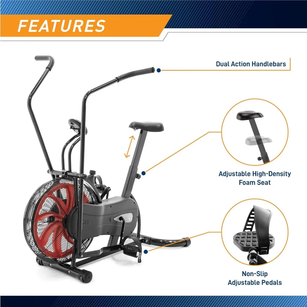 Air-Resistance Exercício Fan Bike, guidão dupla Acction, assento ergonômico, exclusivo sistema de resistência ao ar