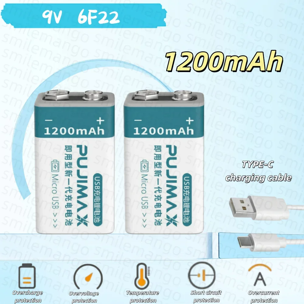 9V Rechargeable Battery 1100mAh Type-C Rechargeable 6F22 9V Li-ion Battery for RC Helicopeter Model Multimeter Toy