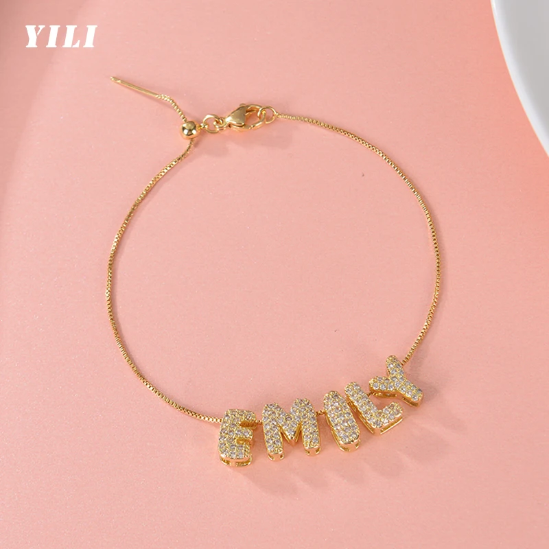 Customized Sparkling Zircon Bubble Letter Bracelet Custom 3D Bubble Letters Balloon Name Bracelets Personalized Jewelry Gift