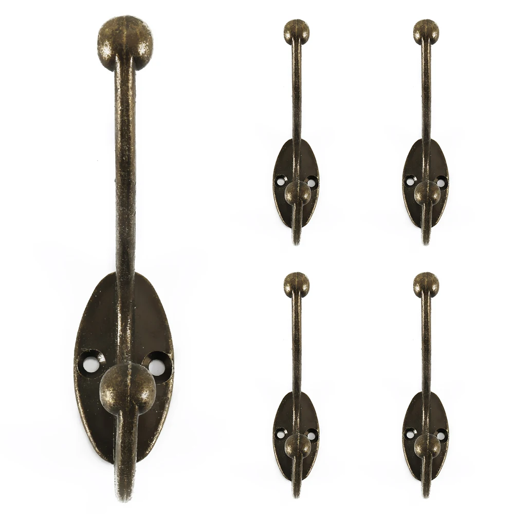 5PCS/Set Coat Hooks Wall Mounted Heavy Duty Dual Coat Rack Bronze Vintage Clothes Hanger With Screws for Door Coat Hook Bathroom