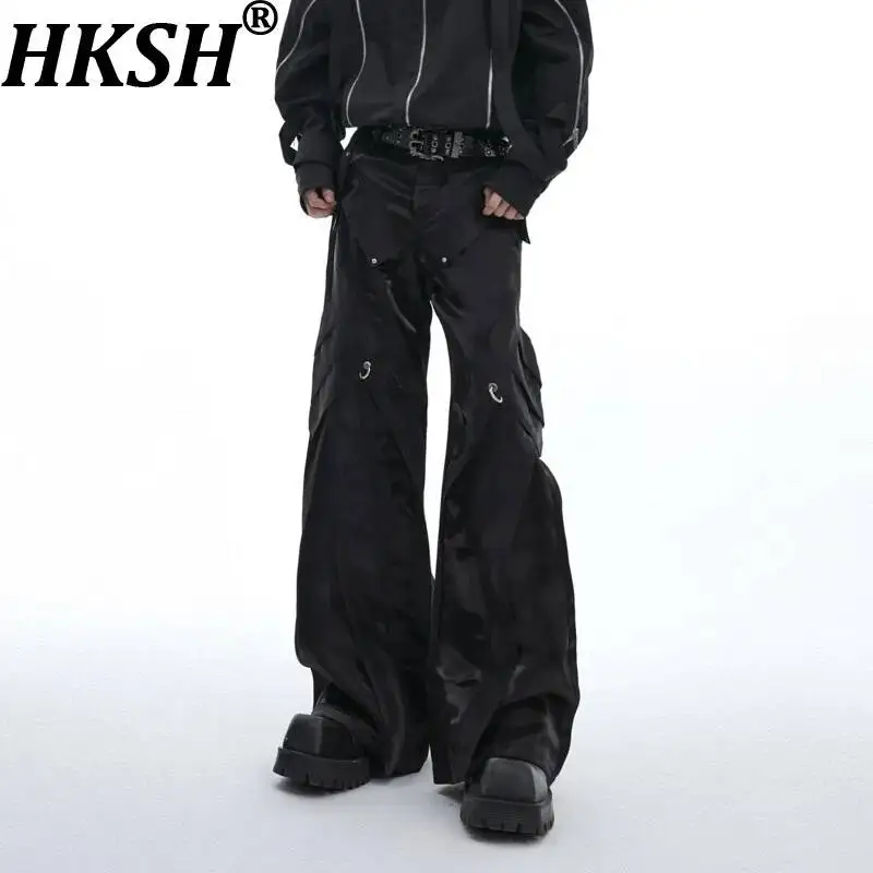 

HKSH Spring Autumn New Men Tide Chic Ins Niche Dark Liquid Glossy Deconstructed Leather Metal Buckle Slight Flared Pants HK25317
