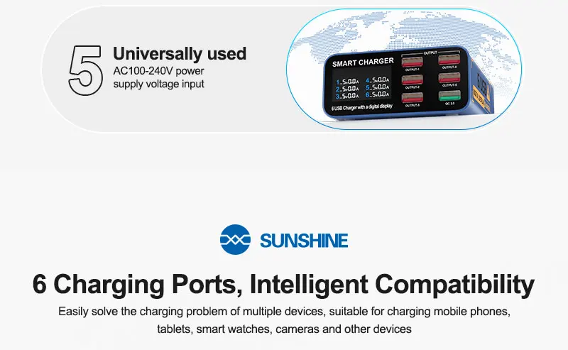SUSNHINE SS-304Q 6-Port USB-Digitalanzeige Schnellladung QC3.0 Intelligentes Schnellladen für das Aufladen von Telefon-Tablet-Uhren – Detail 5