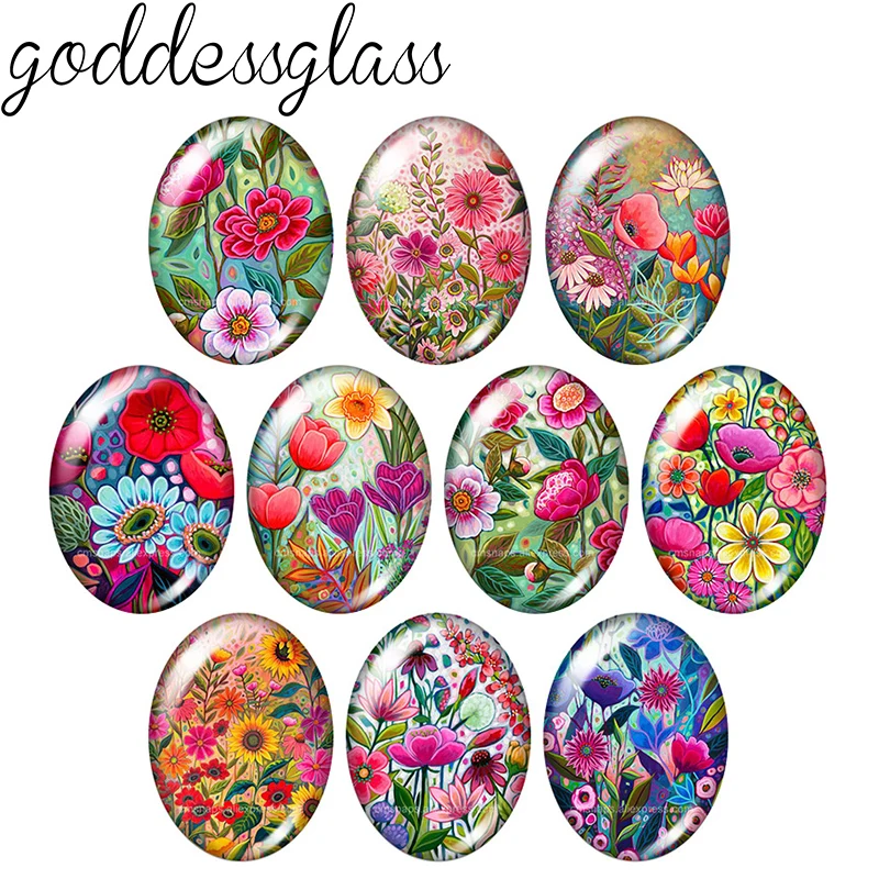 New Flower patterns Beauty Drawings photo 10pcs 13x18mm/18x25mm/30x40mm Oval glass cabochon demo flat back Making findings