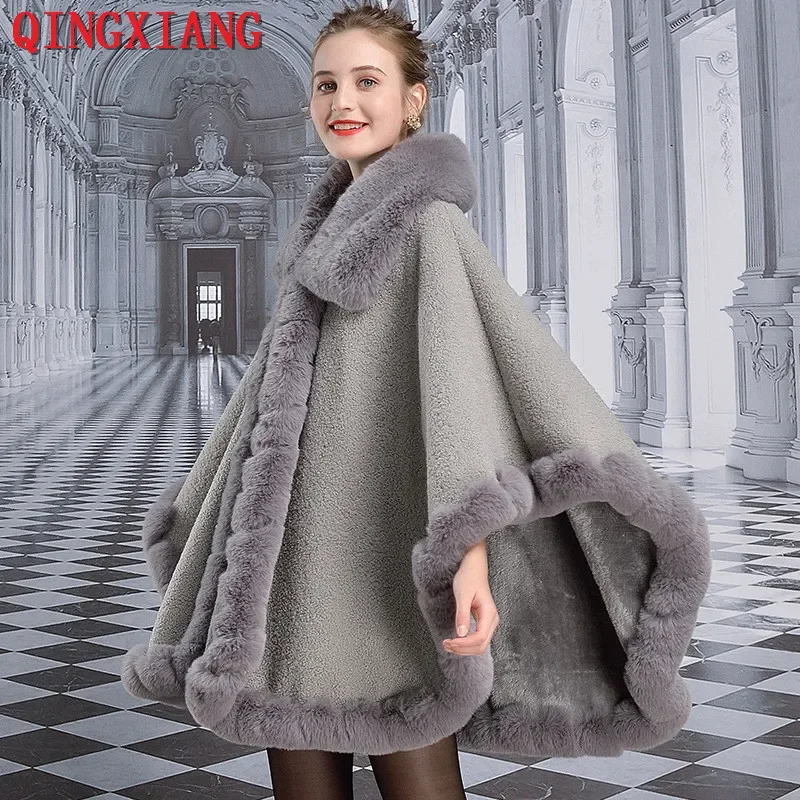 

Big Pendulum Pashmina Shawl Women Faux Rabbit Fur Collar Granular Velvet Out Streetwear Coat Winter Thick Warm Loose Poncho Cape