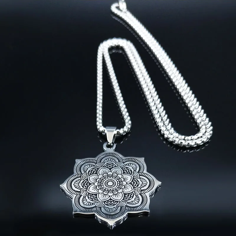 Mandala Flower of Life Stainless Steel Datura Stramonium Necklace for Women Silver Color Necklaces Jewelry fleur de vie N560S02