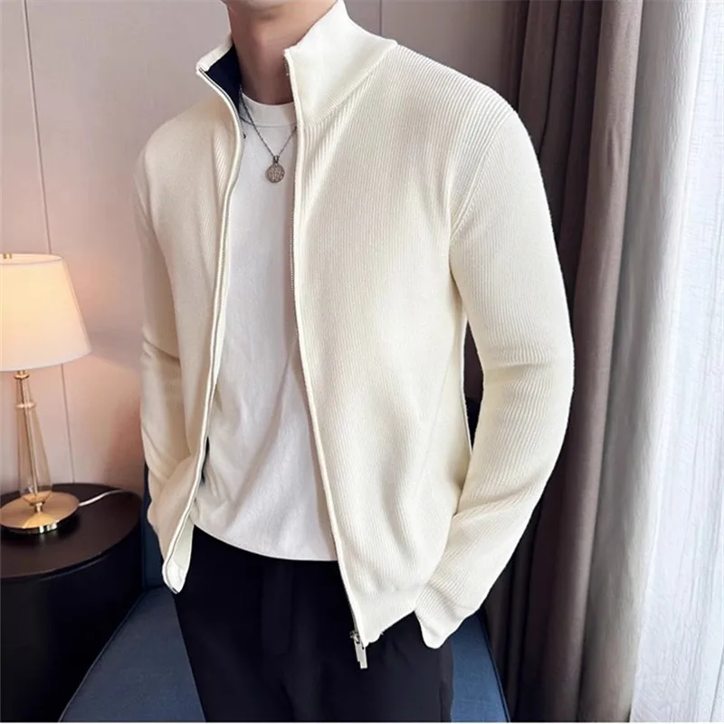 High Quality Knit Cardigan Men Autumn Winter Stand Collar Casual Knitted Sweatercoat Mens Solid Color Warm Sweater Jacket Man