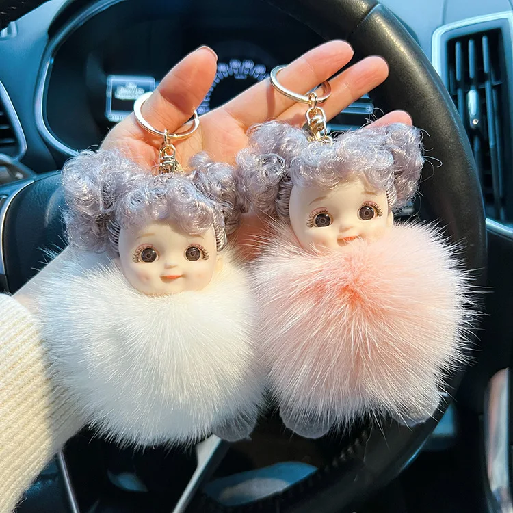 Fox hair dimple doll key chain big eyes cartoon plush bag pendant car key chain blind box cute girl