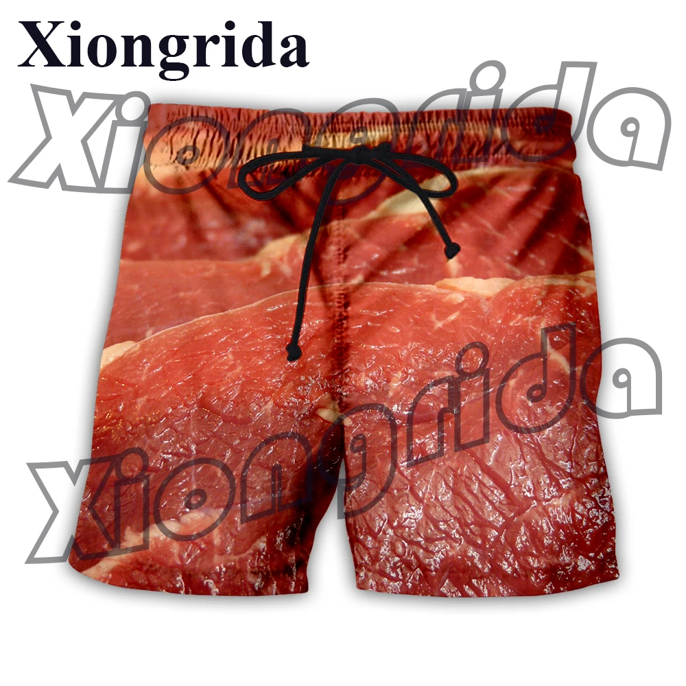 Pantalones cortos divertidos con estampado de carne para hombre, bañadores de cintura elástica con estampado 3D de cerdo crudo, pantalones cortos de