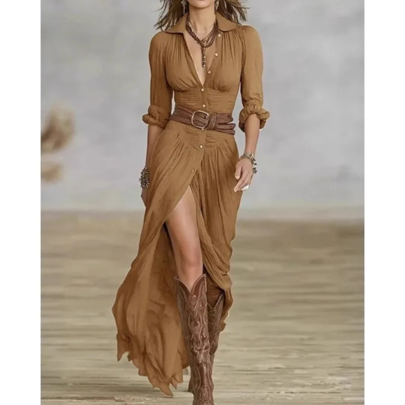 

Elegant Dress For Woman Fashion Solid Color Lapel Button Pleated Irregular Fork Dresses Spring Autumn Ladies Party Slim Robe