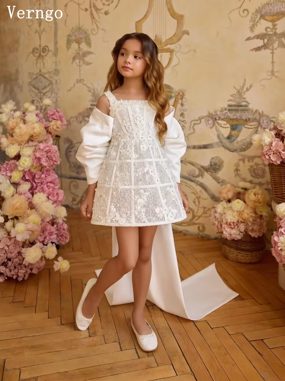 Verngo Luxury Mini Girl Fowers Dress Bow Lace Princess Birthday Party Dresses Mdern 2 Pics Kid Prom Gown Customized image 3