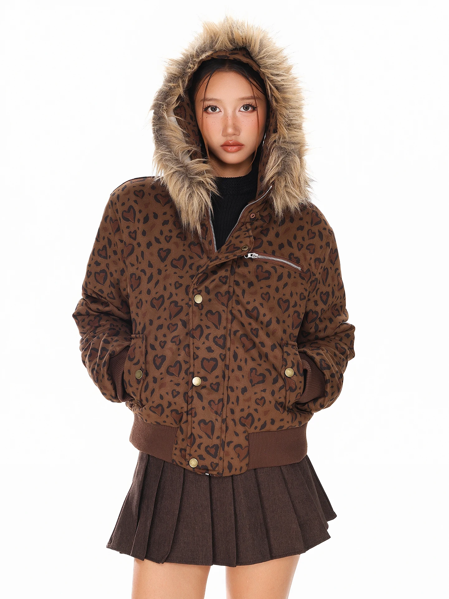 

Зимняя теплая женская куртка Boeax в американском ретро-стиле с принтом в виде сердец, меховым воротником, на молнии, с длинными рукавами