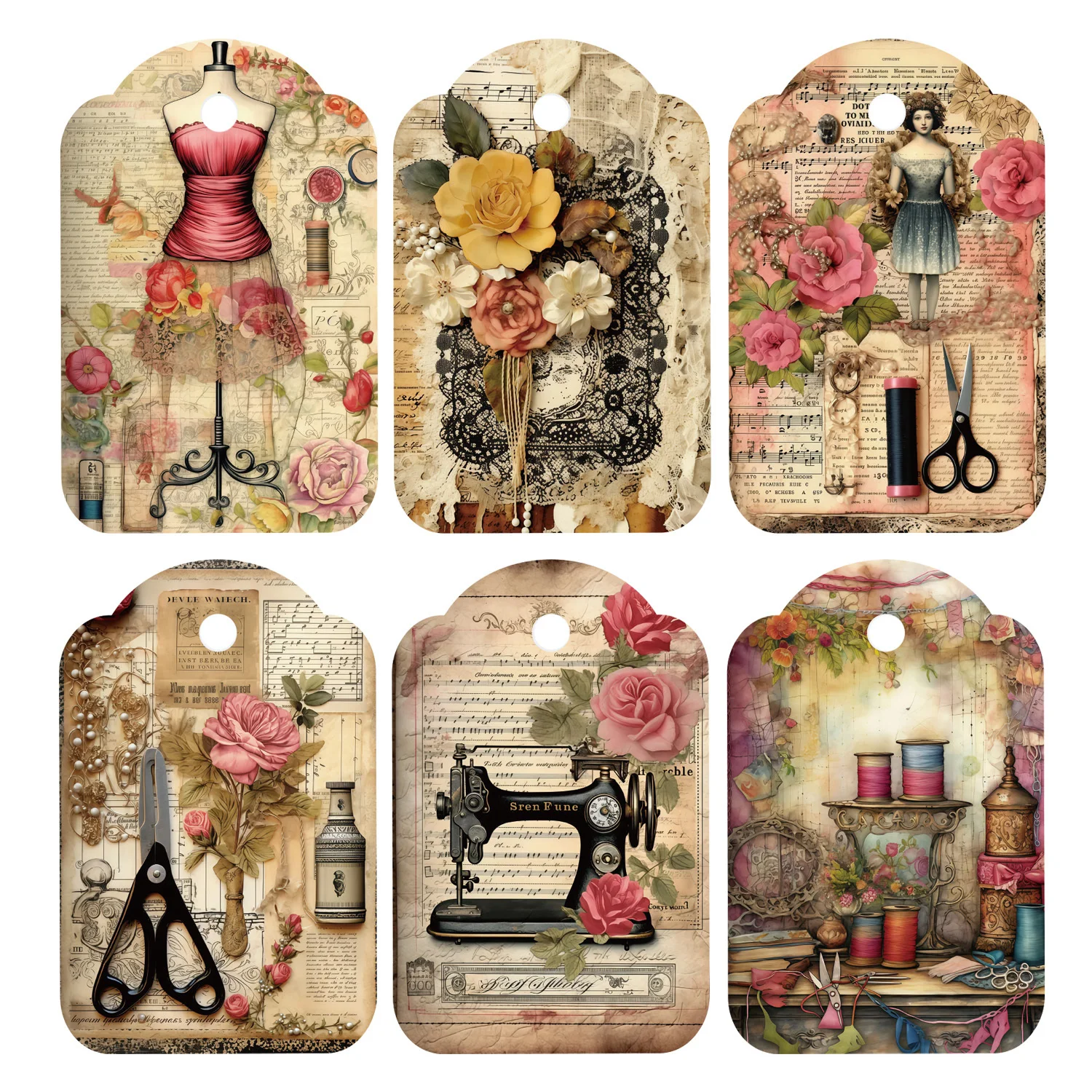 48pcs/set Vintage Sewing Machine Floral Gift Tags Handmade with Love Label for Junk Journal Crafts, DIY Gifts Wrapping Supplies