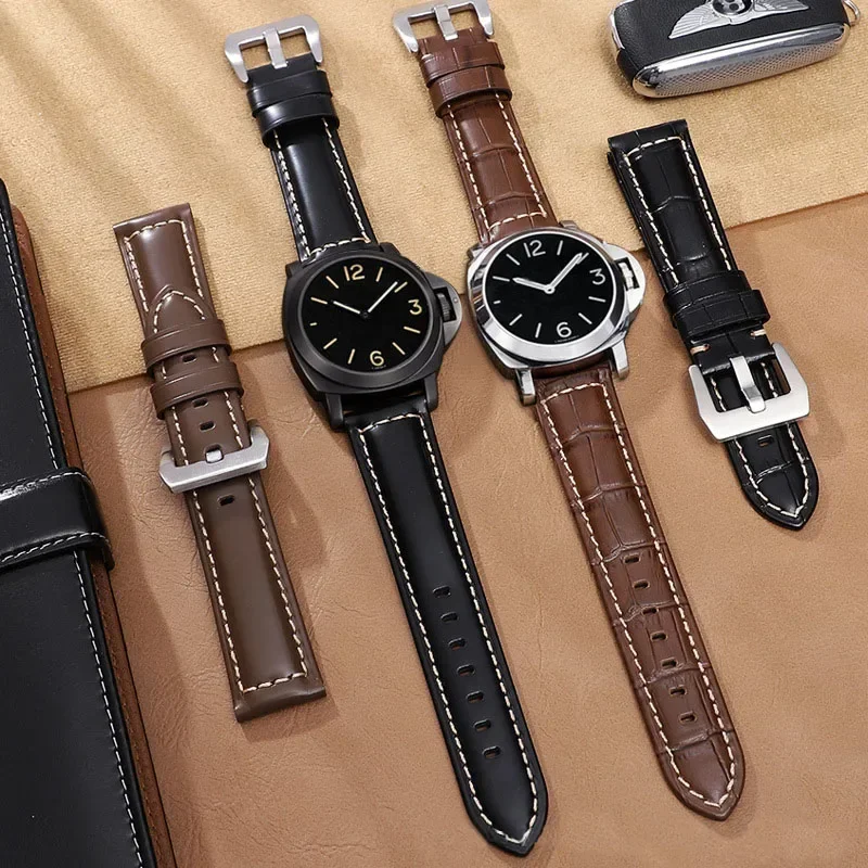 Vintage Leather Watch Strap for Panerai for Seiko Men Women Watch Band Blue Khaki Black Bracelet 20/22/24/26mm Watch Accessories